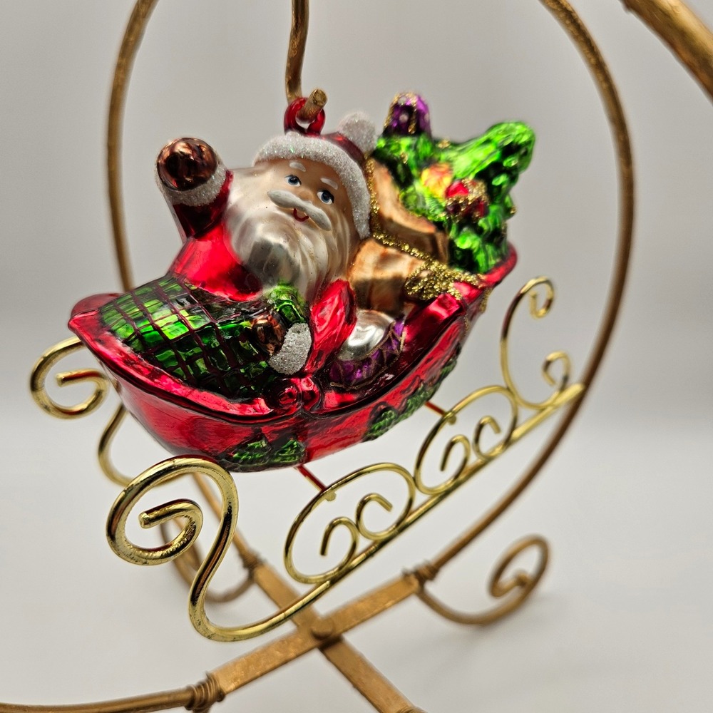 Hand Painted Blown Glass Santa in Sleigh Christmas Ornament Made in Poland